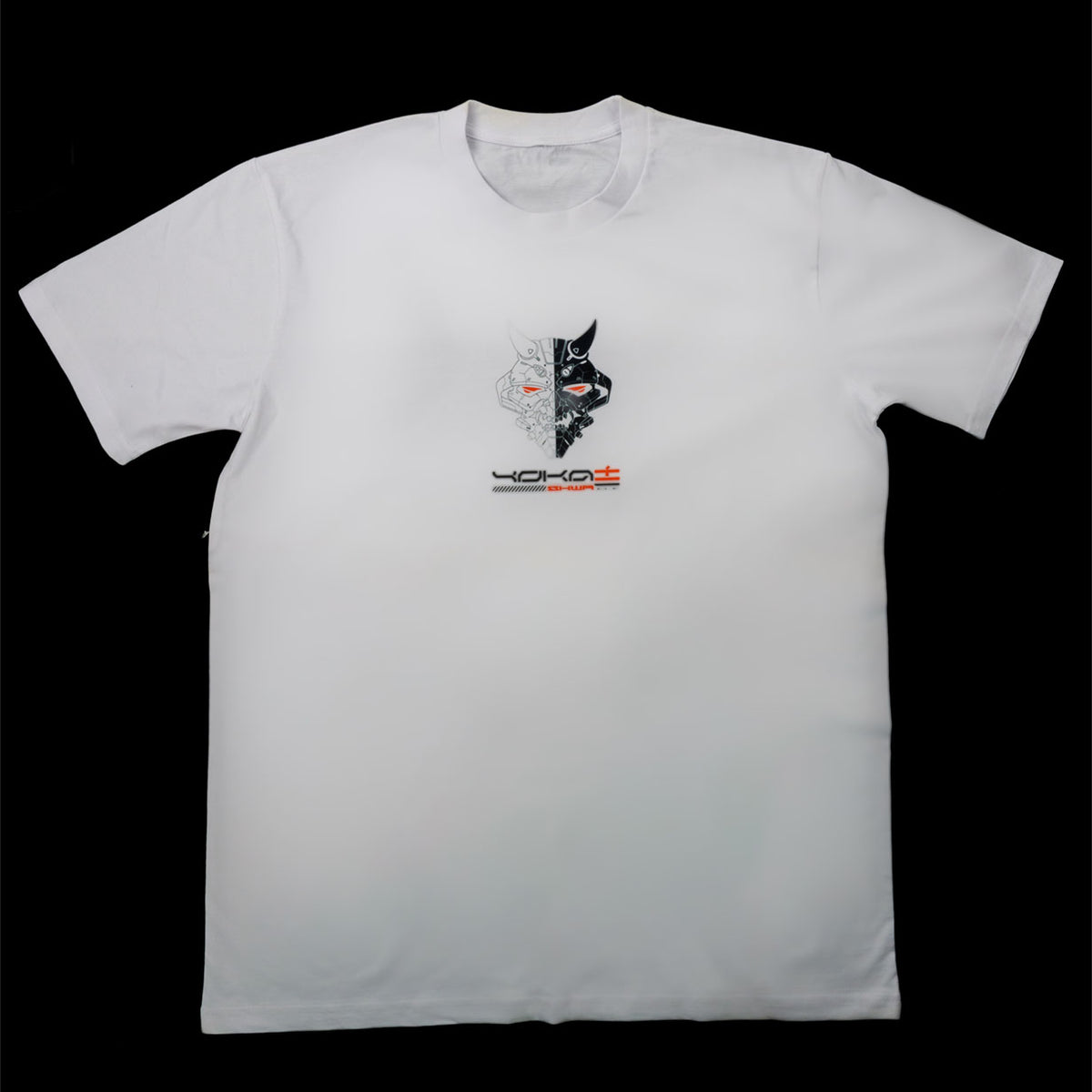 Front of shirt, smaller cyber oni on center chest with "YOKAI" under